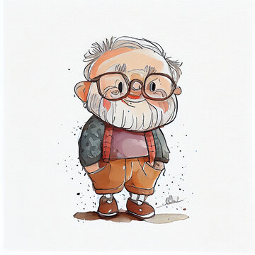 Watercolor illustration of an elderly man smiling. Generative ai