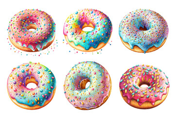 Set of colorful tasty donuts with sprinkles in watercolor style. Hand-drawn donuts isolated on white background. Vector illustration