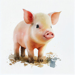 Watercolor illustration of a cute piglet. Generative ai