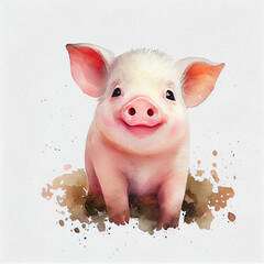 Watercolor illustration of a cute piglet. Generative ai