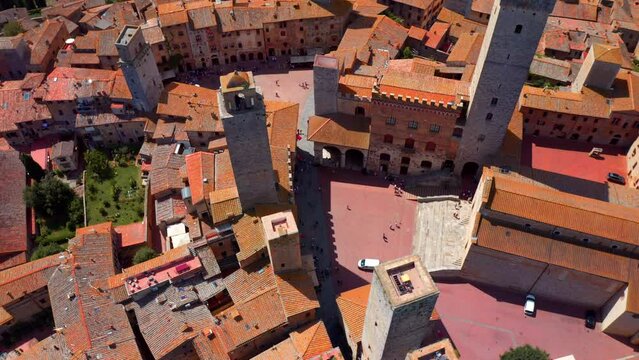 Aerial view San Gimignano square - Piazza della Cisterna In Siena, Tuscany, Italy