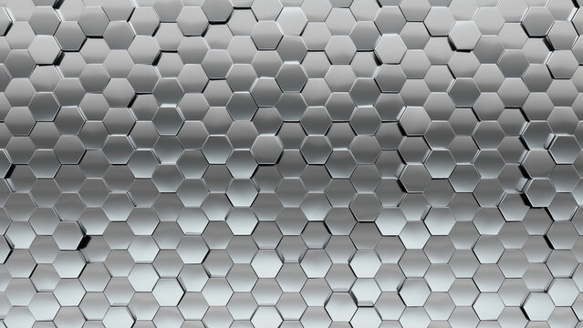 Fototapeta Silver, Polished Tiles arranged to create a Hexagonal, Background formed from 3D, Glossy blocks. 3D Render