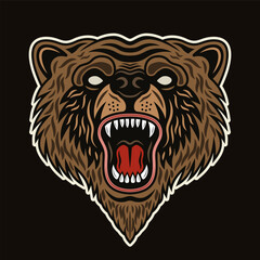 Bear snout with open roaring mouth vector illustration in colored style on dark background
