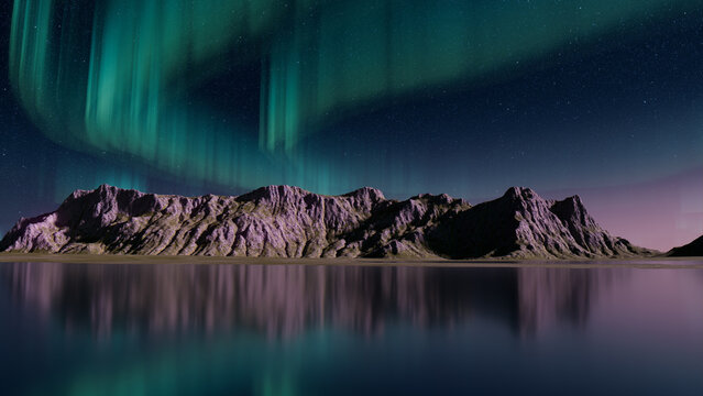 Rocky Landscape with Aurora Borealis. Green Sky Background with copy-space.