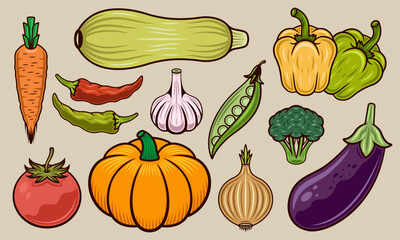 Set of vegetables vector objects, illustration in cartoon colorful style