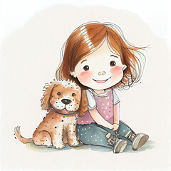 Watercolor illustration of a cute girl with a dog. Generative ai