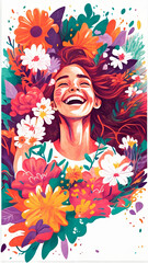 Postcard with happy woman with flowers around her, Generative AI, place for text, women's day concept, 8th march - obrazy, fototapety, plakaty