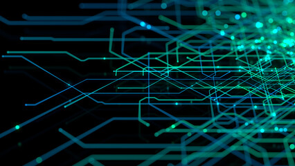 Futuristic Digital Lines form a Technical Grid. Blue and Green Computing Concept.