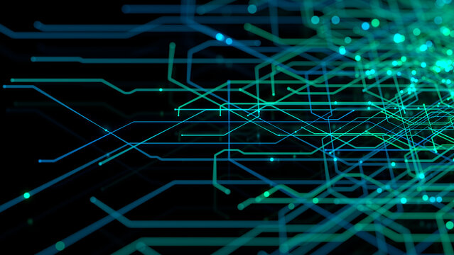 Futuristic Digital Lines form a Technical Grid. Blue and Green Computing Concept.