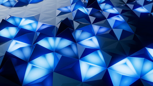Illuminated, Blue Geometric Surface with Tetrahedrons. High Tech, Neon 3d Background.