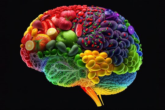 Human Brain Made Of Fruits And Vegetables Created Using Generative AI Technology. Concept Of Nutritious Foods For Brain Health And Memory. Illustration Healthy Brain Food To Boost Brainpower Nutrition