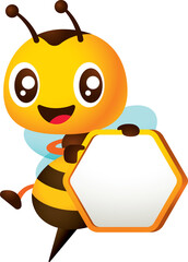 Cartoon cute smiling honey bee pointing finger on empty honeycomb shaped signboard character illustration