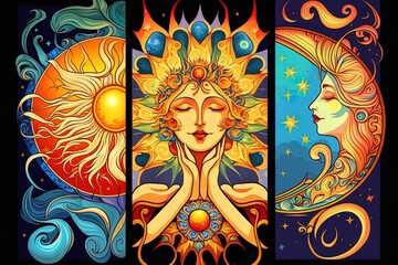 Happy abstract astral shape, moon and sun, art nouveau, expressionism. Mucha and tarot card inspired, strong color. Generative AI