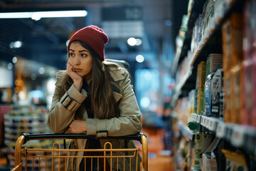Worried woman with empty shopping cart in supermarket.