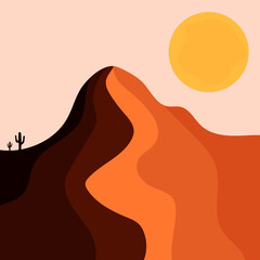 Flat abstract icon, sticker, button with desert, sun, cactuses..