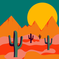 Flat abstract icon, sticker, button with desert, sun, cactuses on bright colors