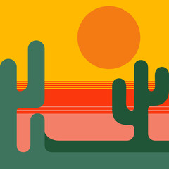 Flat abstract geometric icon, sticker, button with desert, sun, cactuses.