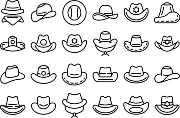 Cowboy hat icons set outline vector. Fashion leather. Old costume