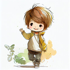 Watercolor illustration of a young boy smiling. Generative ai