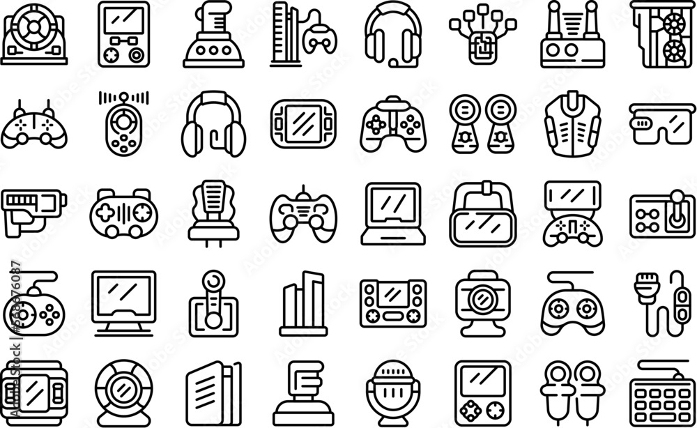 Poster game accessories icons set outline vector. videogame controller. gamer computer