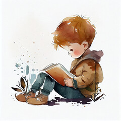 Watercolor illustration of a boy reading a book. Generative ai