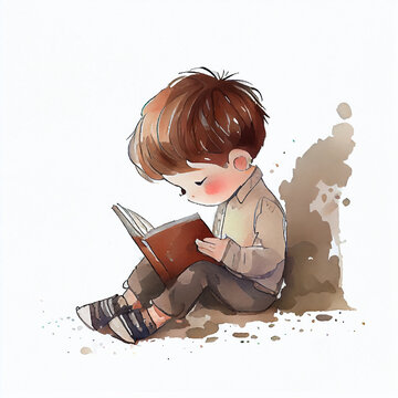 Watercolor illustration of a boy reading a book. Generative ai
