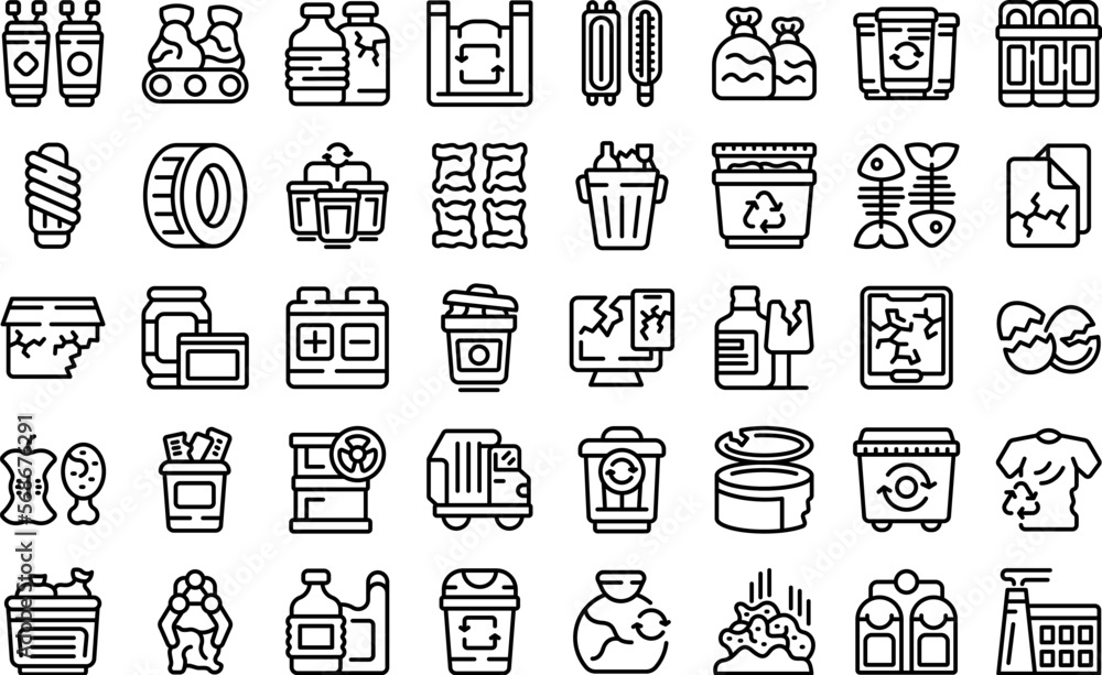 Poster waste sorting icons set outline vector. garbage sorting. sort trash