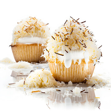 A beautiful and appetizing coconut flavored cupcakes with toasted coconut sprinkles with dramatic lighting with dark food photography concept. Created with Generative AI technology.
