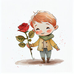 Watercolor illustration of a boy holding a rose. Generative ai