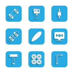 Set Longboard or skateboard, Skateboard wheel, Tool allen keys, tool, Broken, Screwdriver and icon. Vector
