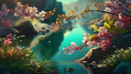 Fototapeta na wymiar Cherry Blossom day background illustration spring blooming generatie ai
