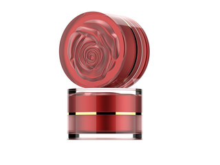 Cosmetic or Skincare acrylic jar , Red rose carving design on cover , inner body&cover is a rough metallic red,Front view on white background.3d rendered