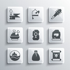 Set Old money bag, Decree, parchment, scroll, Magic rune, Sea and waves, Roasted turkey or chicken, Medieval spear and Mace with spikes icon. Vector