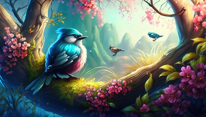 Beautiful art illustration of Sakura blossom with birds cartoon style generative ai