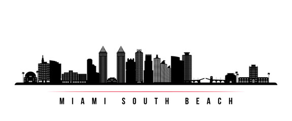 Obraz premium Miami South Beach skyline horizontal banner. Black and white silhouette of Miami South Beach, Florida. Vector template for your design.