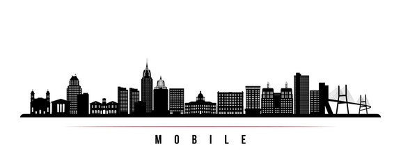 Naklejka premium Mobile skyline horizontal banner. Black and white silhouette of Mobile, Alabama. Vector template for your design.