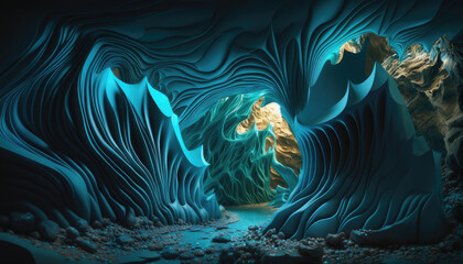 3D Rendered Cave with Blue and Turquoise Undulating Forms