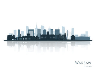 Warsaw skyline silhouette with reflection. Landscape Warsaw, Poland. Vector illustration.