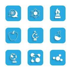 Set Microscope, Molecule, Test tube, Earth globe, Apple, Alcohol or spirit burner and Atom icon. Vector