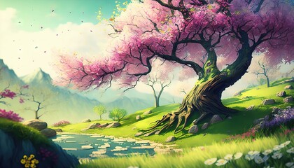 Obraz na płótnie Canvas Beautiful art illustration of Sakura blossom with birds cartoon style generative ai