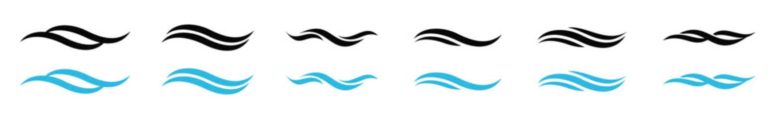 Waves icon set. Sea wave line art icons. Simple blue wave icon collection. Water design concept. Sea and ocean wave symbol, vector illustration