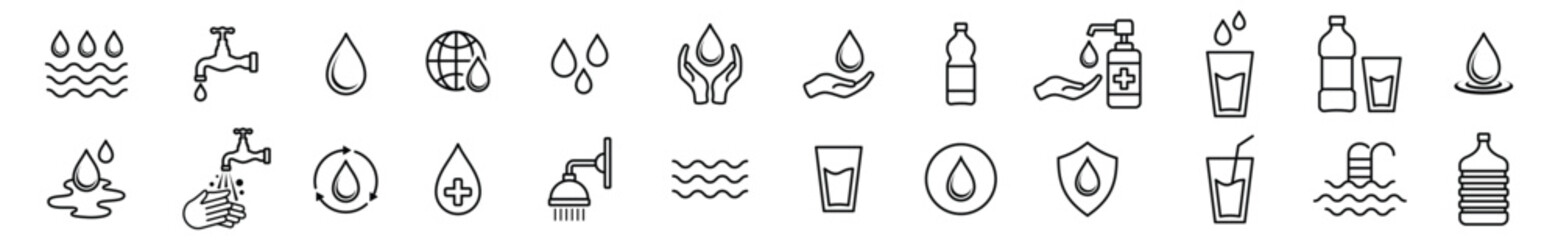 Water line icons vector. Water with editable stroke. Water icon collection. Water drops, faucet, rain drops, globe, save, bottle, glass, puddle, cycle, washing hands, shower, wave, and other. 