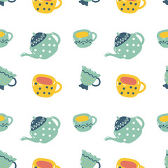 Vector seamless pattern with cups and teapot