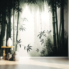 Enchanted bamboo forest in the morning light, ultrarealistic minimalist mockup for product display AI generation