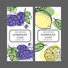 GRAPE LEMON LABELS Design Of Stickers For Shop Of Tropical Organic Natural Fresh Juicy Fruits And Dessert Drinks In Sketch Style Vector Illustration Set
