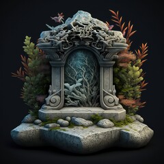 Ornate stone podium in a tranquil sea rock garden with coral AI generation