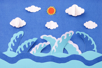 Sea with sky and cloud of paper cut. paper art background.