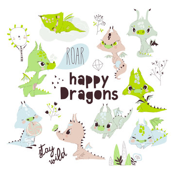 Cute Colorful Little Dragons Set, Adorable Fantastic Creatures, Fairy Tale Characters Cartoon Style