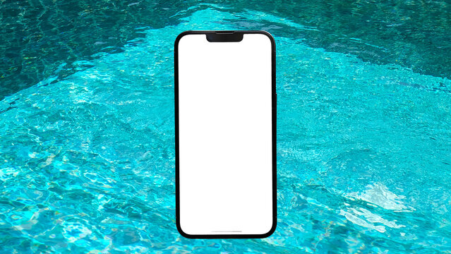 Smartphone mockup on background of a blue  swimming pool
