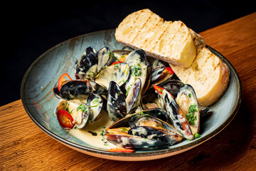 Blue mussels stewed in cream wine sauce with garlic and herbs